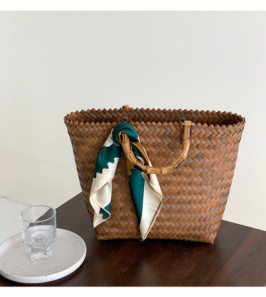 Vintage Wicker Straw Basket Handbags With Scarf