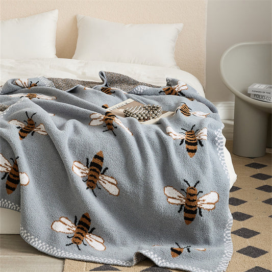 Cute Bee Fuzzy Knitted Throw with Plush Pile, Reversible for Couch Sofa Bed Chair, Soft Stretchy Warm Indoor Blanket, 51" x 63"