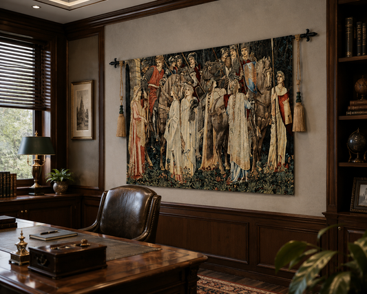 William Morris Holy Grail Tapestries - "The Departure" Woven Wall Art Hanging - Vintage Medieval Decor for Living Room