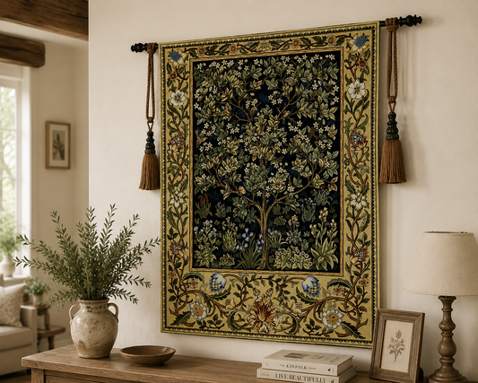 William Morris "Tree of Life" Woven Cotton Tapestry - Premium Vintage Jacquard Wall Hanging for Home Office Decor, Blue