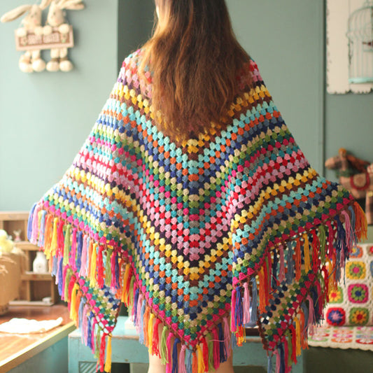 Multi Color Shawl,Handmade Crochet Rainbow Shawl,Granny Triangle Scarf Wraps,Throw Blanket