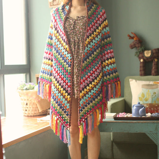 Multi Color Shawl,Handmade Crochet Rainbow Shawl,Granny Triangle Scarf Wraps,Throw Blanket
