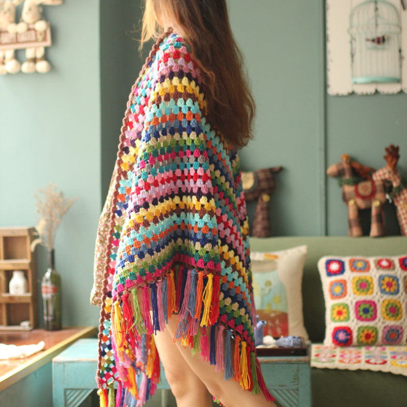 Multi Color Shawl,Handmade Crochet Rainbow Shawl,Granny Triangle Scarf Wraps,Throw Blanket