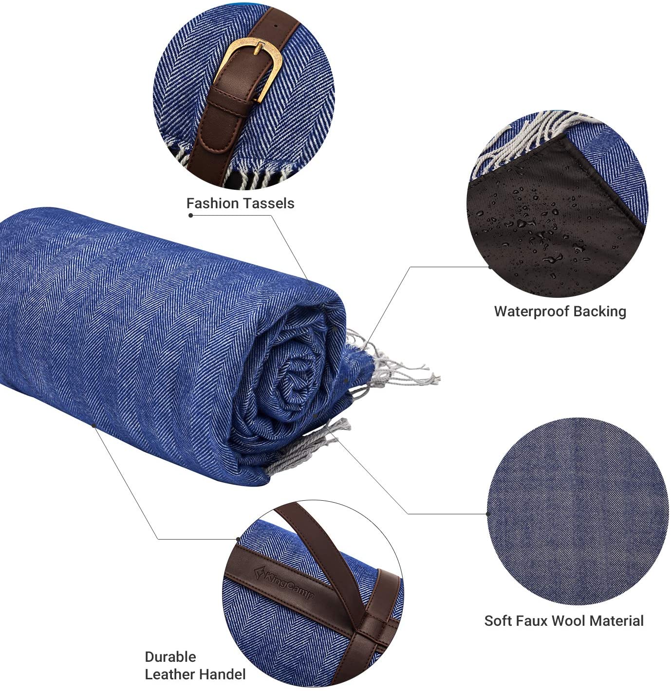 Tassel Picnic Blanket with Waterproof Backing and PU Handle Washable 200 x 150 CM