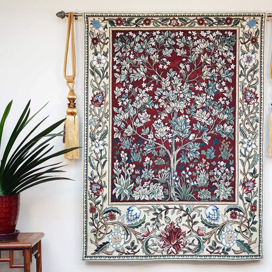 William Morris Tree of Life Tapestry Wall Hanging | Vintage Woven Wall Art Home Decor Red