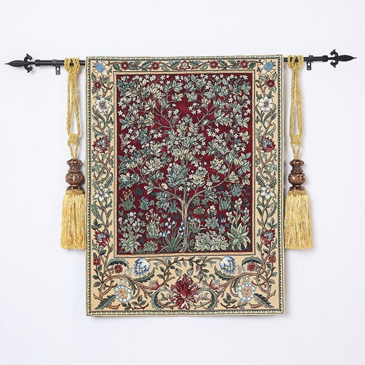 William Morris Tree of Life Tapestry Wall Hanging | Vintage Woven Wall Art Home Decor Red
