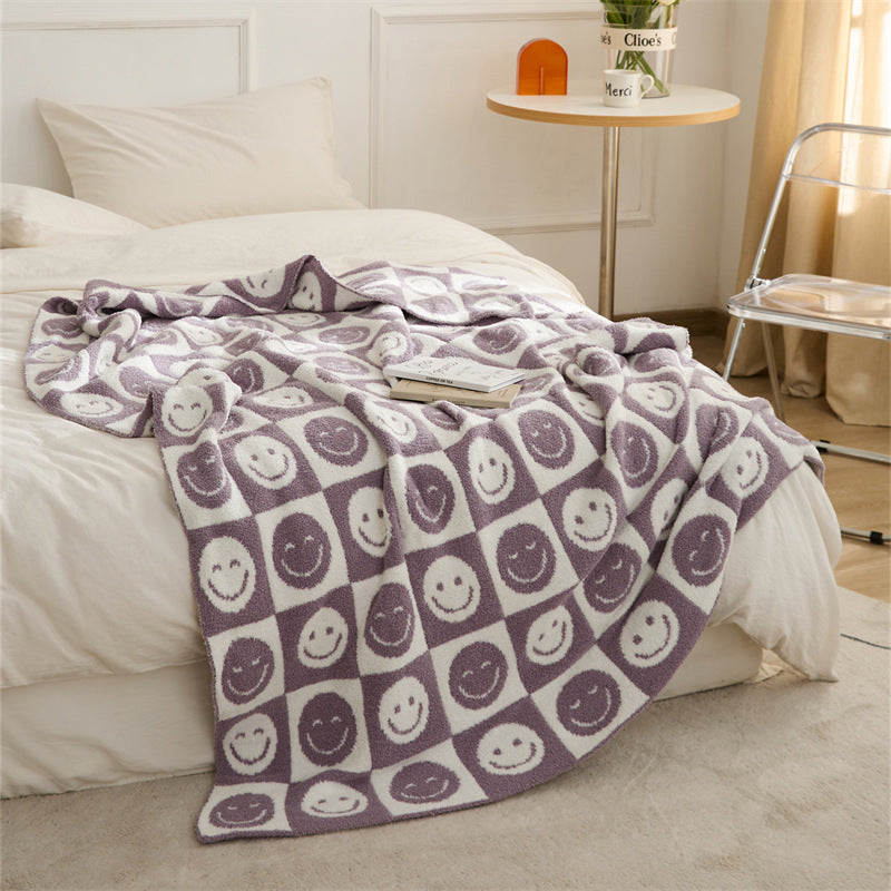 Checkerboard Smiley Blanket Half Fleece Pure Cotton Tapestry Knitted Throw Blanket 130 x 160 CM