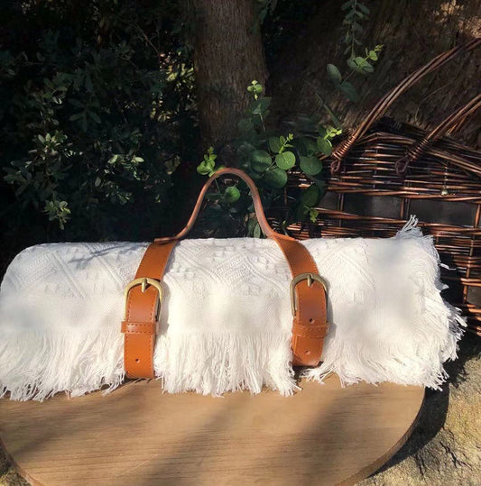 Large White Boho Picnic Blanket with Strap,Various Sizes,Chic Decoration Covers for Indoor & Outdoor