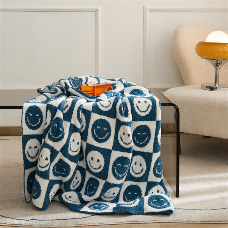 Checkerboard Smiley Blanket Half Fleece Pure Cotton Tapestry Knitted Throw Blanket 130 x 160 CM
