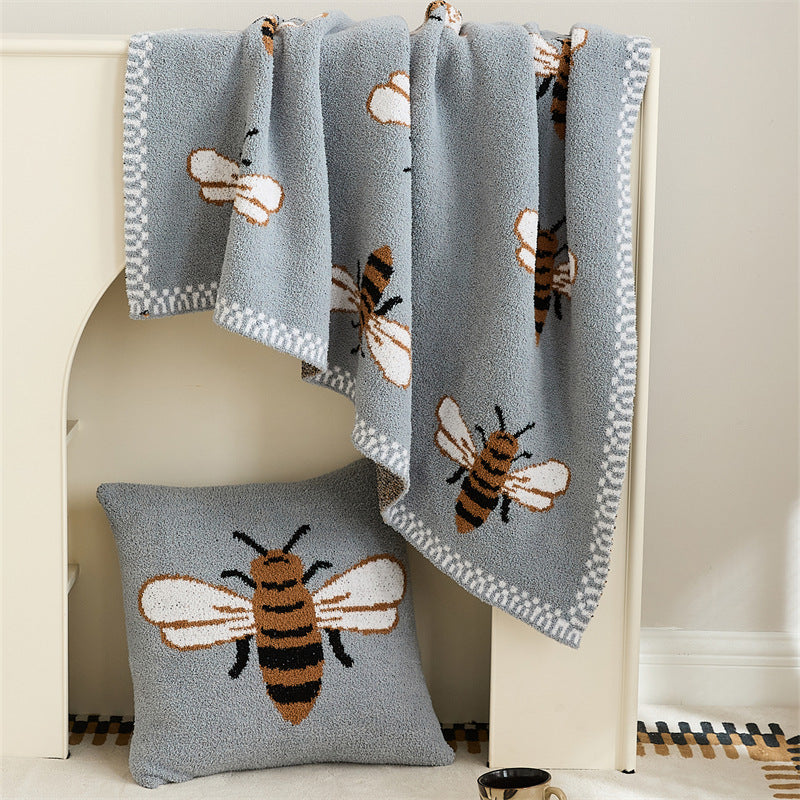 Cute Bee Fuzzy Knitted Throw with Plush Pile, Reversible for Couch Sofa Bed Chair, Soft Stretchy Warm Indoor Blanket, 51" x 63"