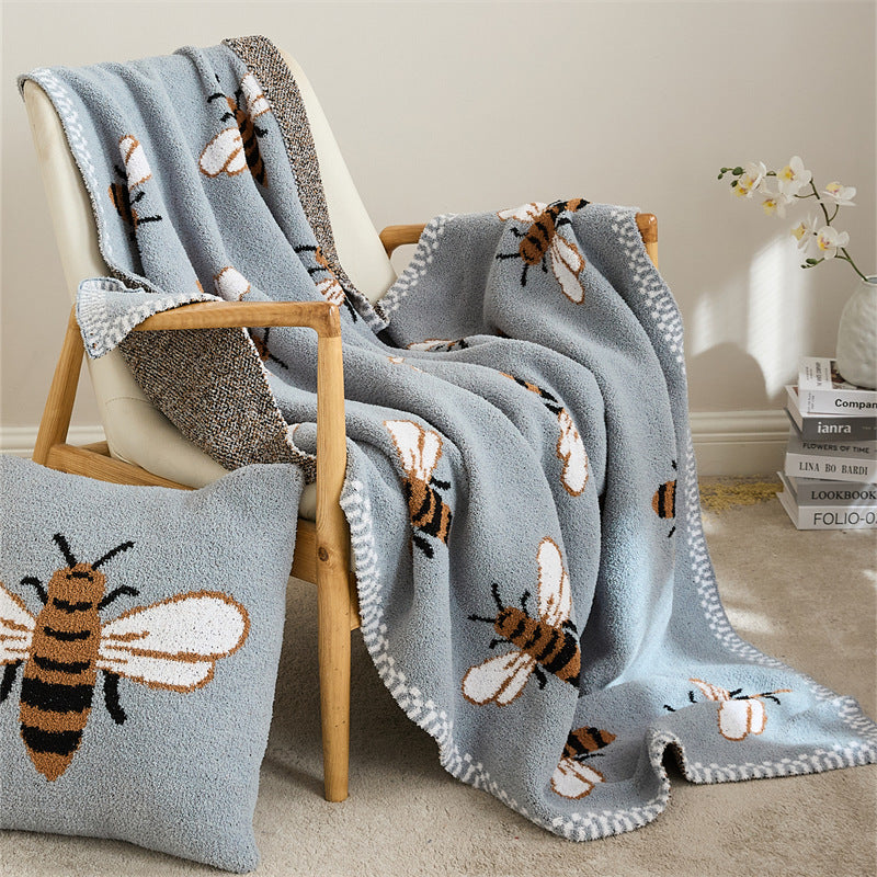 Cute Bee Fuzzy Knitted Throw with Plush Pile, Reversible for Couch Sofa Bed Chair, Soft Stretchy Warm Indoor Blanket, 51" x 63"