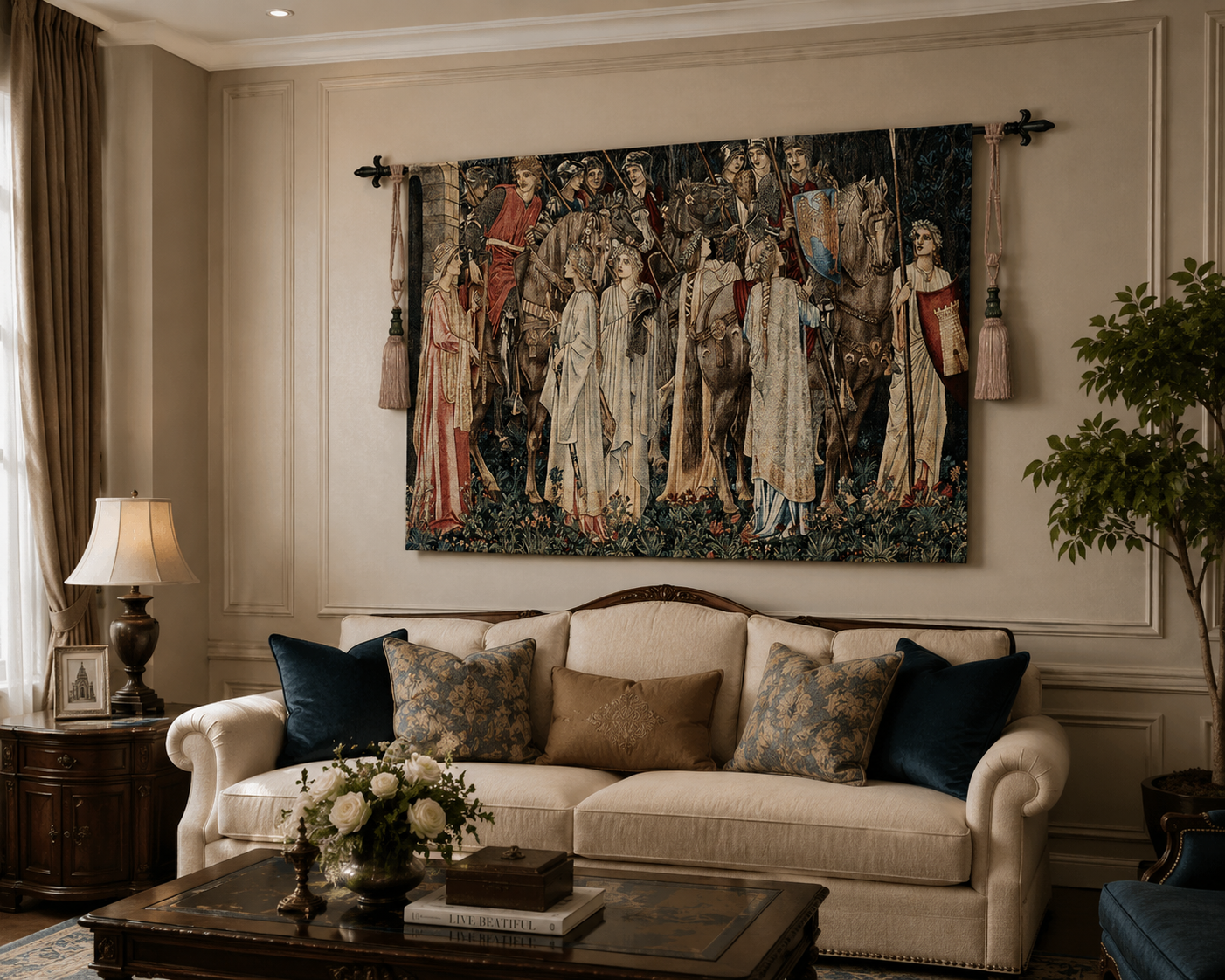 William Morris Holy Grail Tapestries - "The Departure" Woven Wall Art Hanging - Vintage Medieval Decor for Living Room