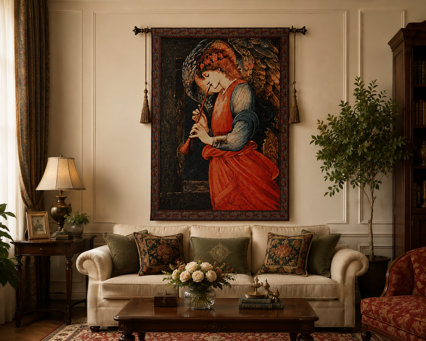 Angel Musician Tapestry Wall Hanging – Medieval Woven Gothic Home Decor 68x108cm