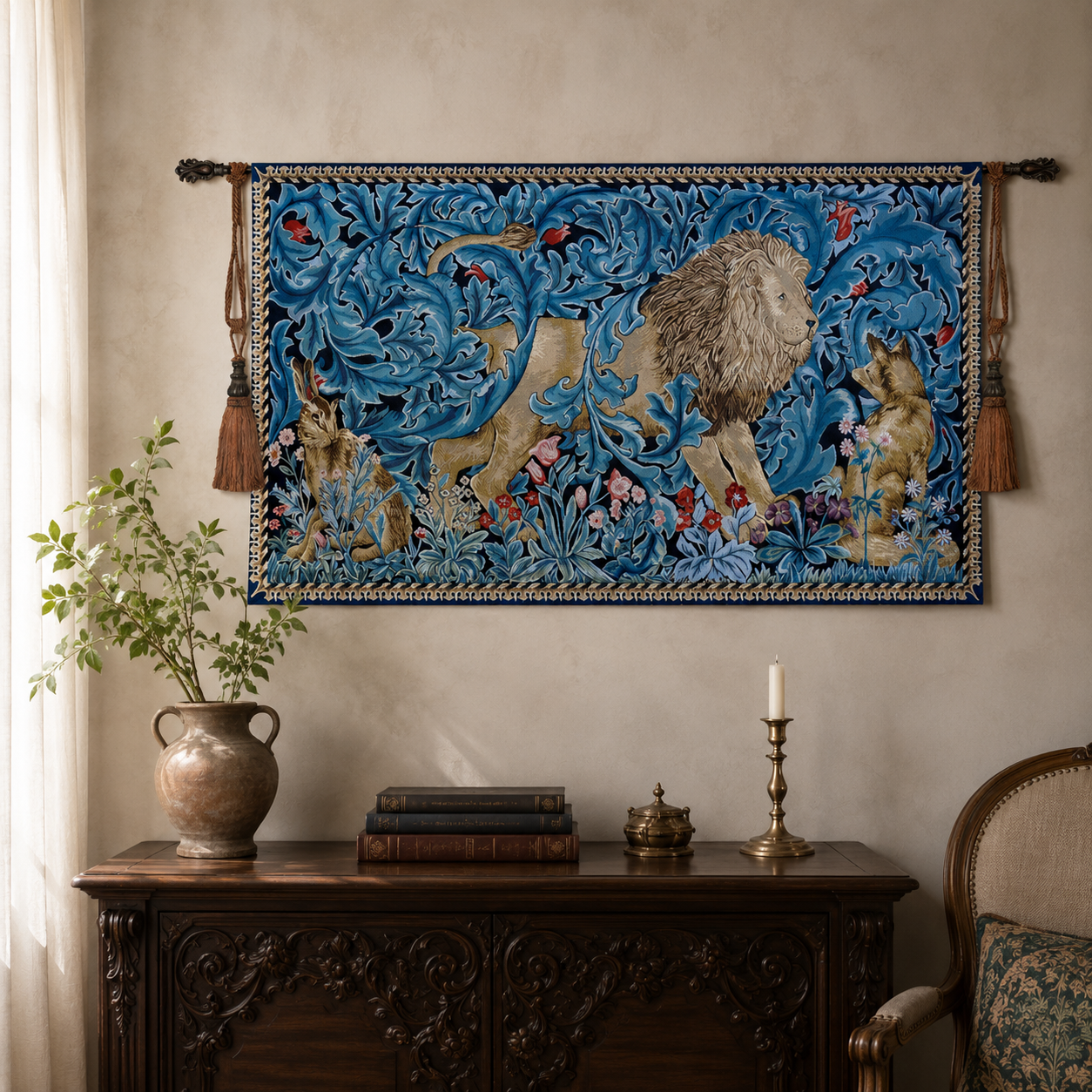 The Forest Lion Woven Tapestry - Medieval Millefleur Wall Art, 139x87cm