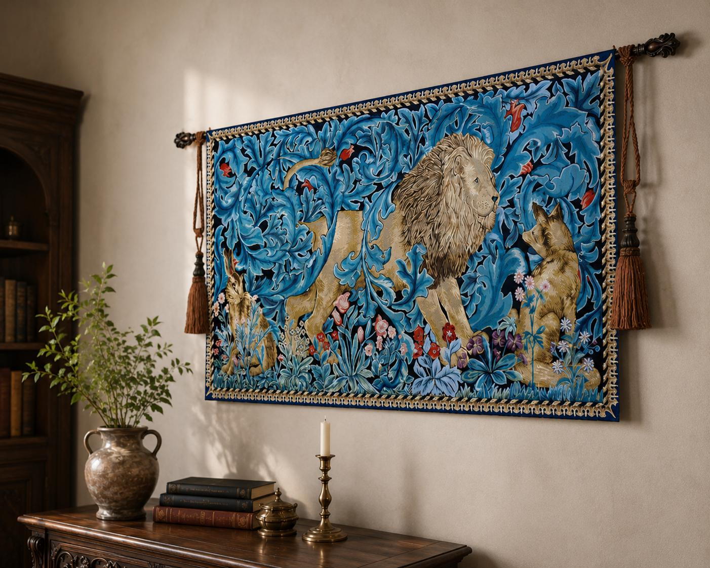The Forest Lion Woven Tapestry - Medieval Millefleur Wall Art, 139x87cm
