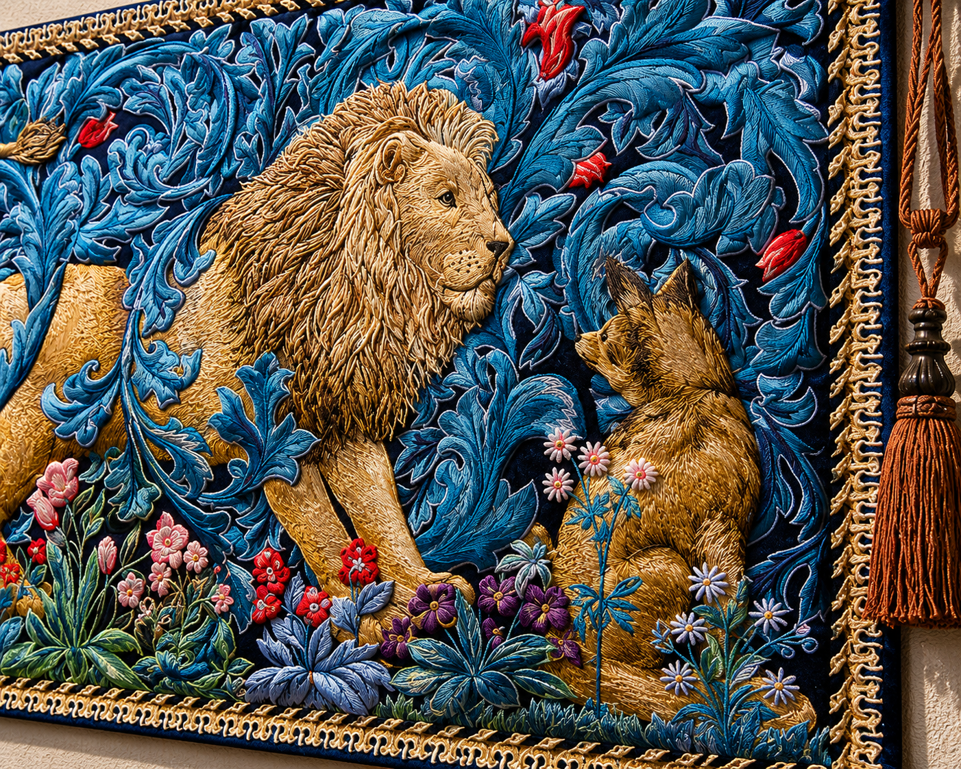The Forest Lion Woven Tapestry - Medieval Millefleur Wall Art, 139x87cm