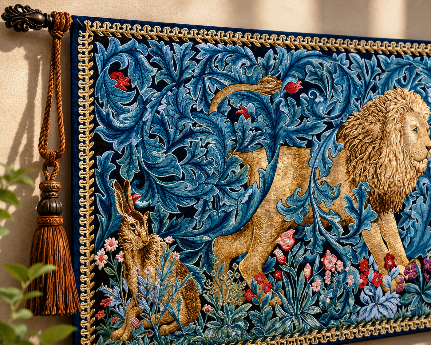 The Forest Lion Woven Tapestry - Medieval Millefleur Wall Art, 139x87cm