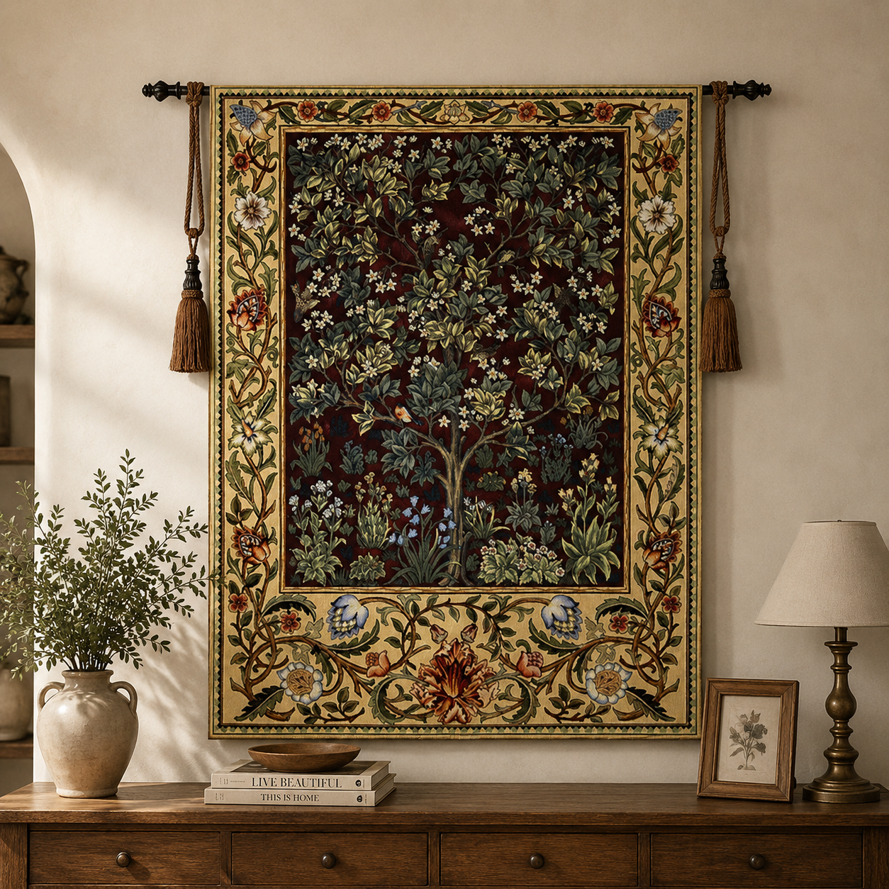 William Morris "Tree of Life" Woven Cotton Tapestry - Premium Vintage Jacquard Wall Hanging for Home Office Decor,  Red