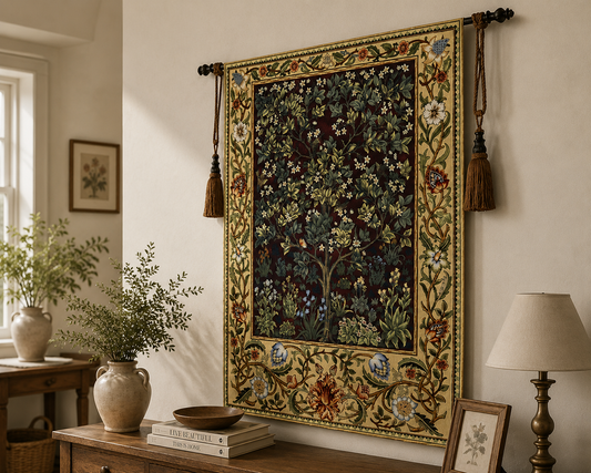 William Morris "Tree of Life" Woven Cotton Tapestry - Premium Vintage Jacquard Wall Hanging for Home Office Decor,  Red