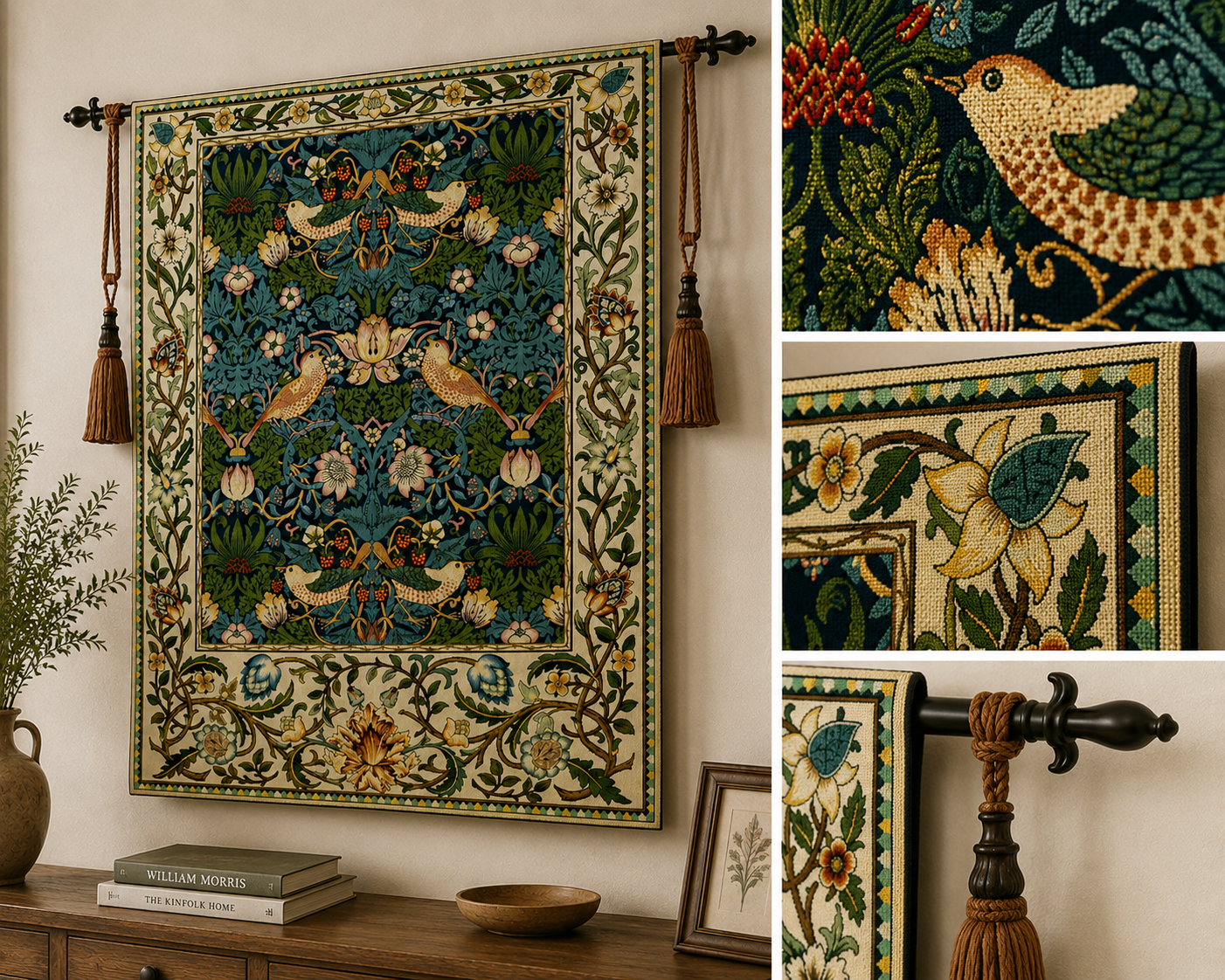 William Morris Strawberry Thief Tapestry - Cottagecore Woven Wall Art, 70x90cm