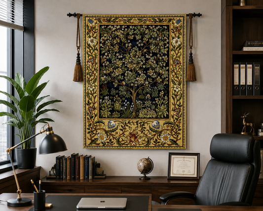 William Morris "Tree of Life" Woven Cotton Tapestry - Premium Vintage Jacquard Wall Hanging for Home Office Decor, Blue
