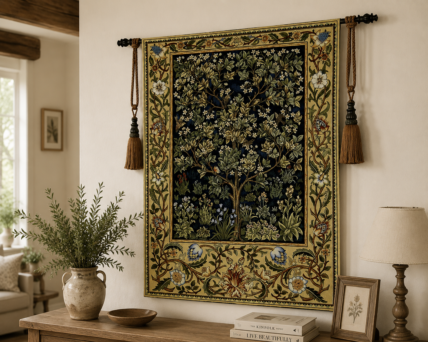William Morris "Tree of Life" Woven Cotton Tapestry - Premium Vintage Jacquard Wall Hanging for Home Office Decor, Blue