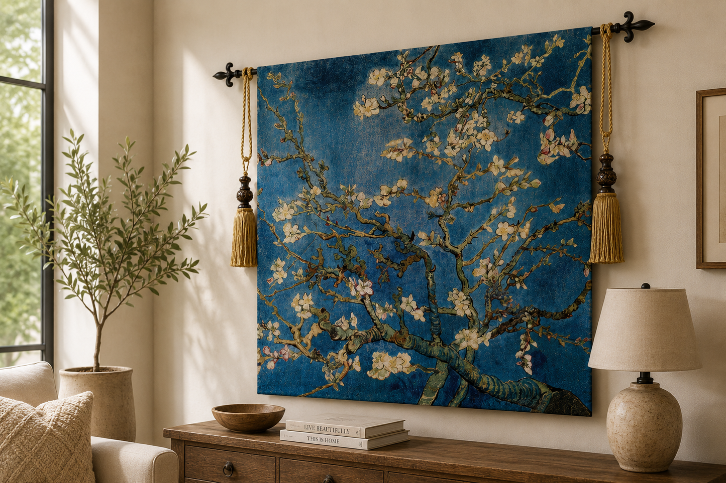 Almond Blossoms by Vincent Van Gogh Fabric Tapestry Home Decor Blue 100 x 100 cm