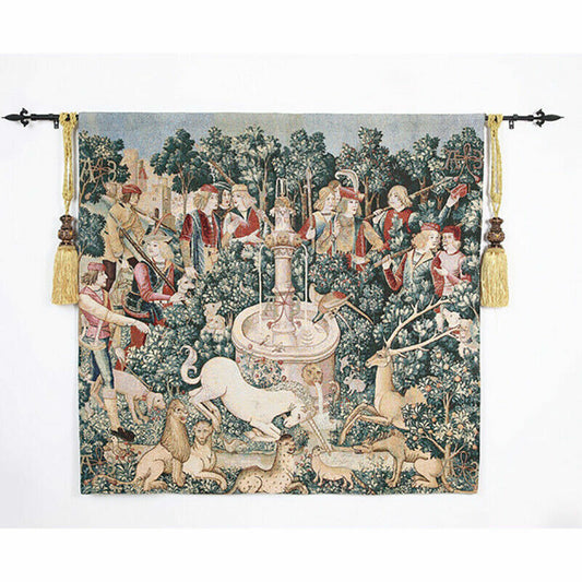 Unicorn at Fountain Contemporary Woven Wall Tapestry Medieval Wall Hanging