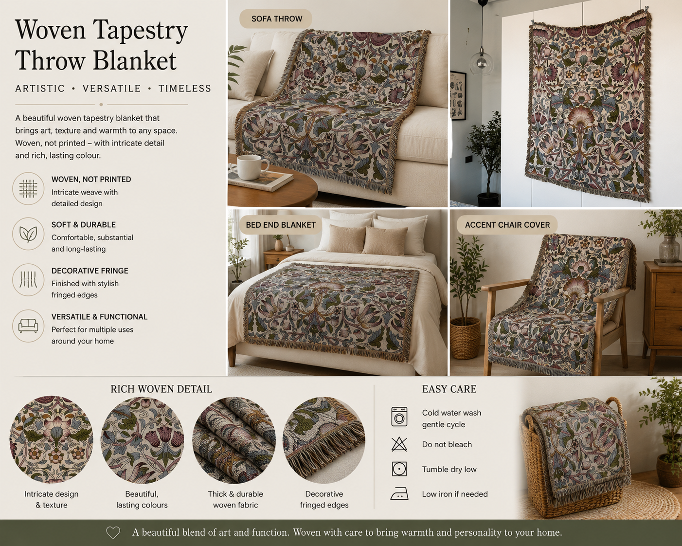 Floral Woven Tapestry Throw Blanket – Botanical Sofa Throw & Wall Hanging