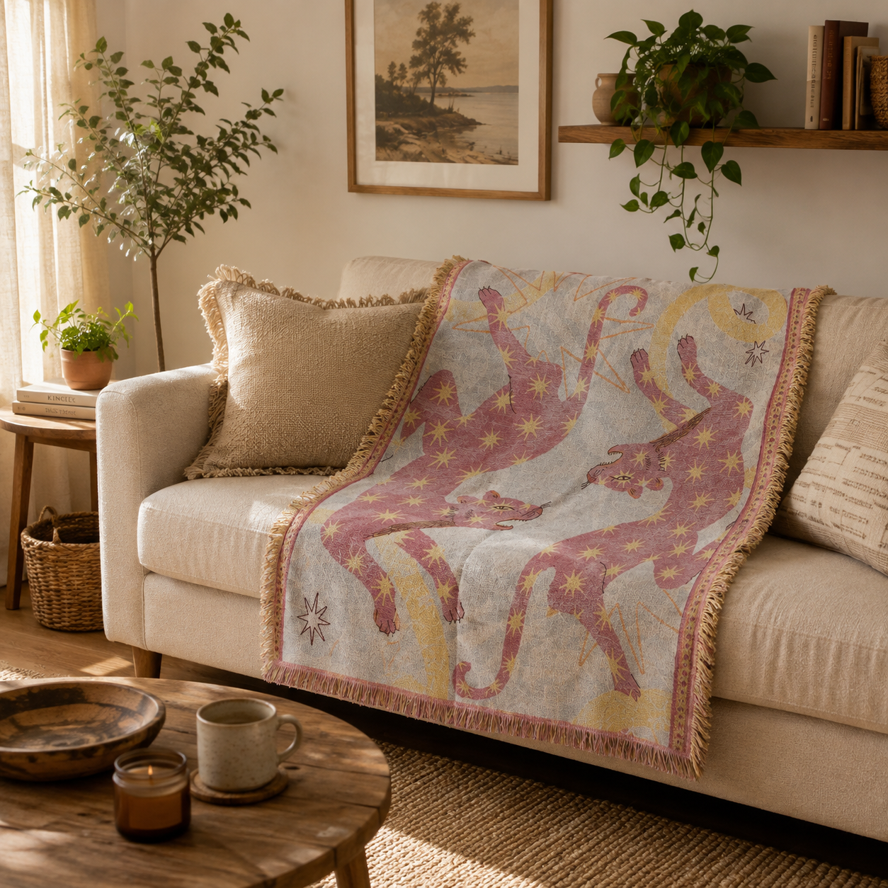 Celestial Leopard Woven Tapestry Throw Blanket – Pink Star Sofa Throw & Wall Hanging