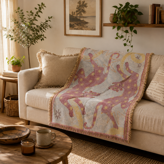 Celestial Leopard Woven Tapestry Throw Blanket – Pink Star Sofa Throw & Wall Hanging