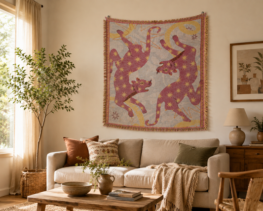 Celestial Leopard Woven Tapestry Throw Blanket – Pink Star Sofa Throw & Wall Hanging
