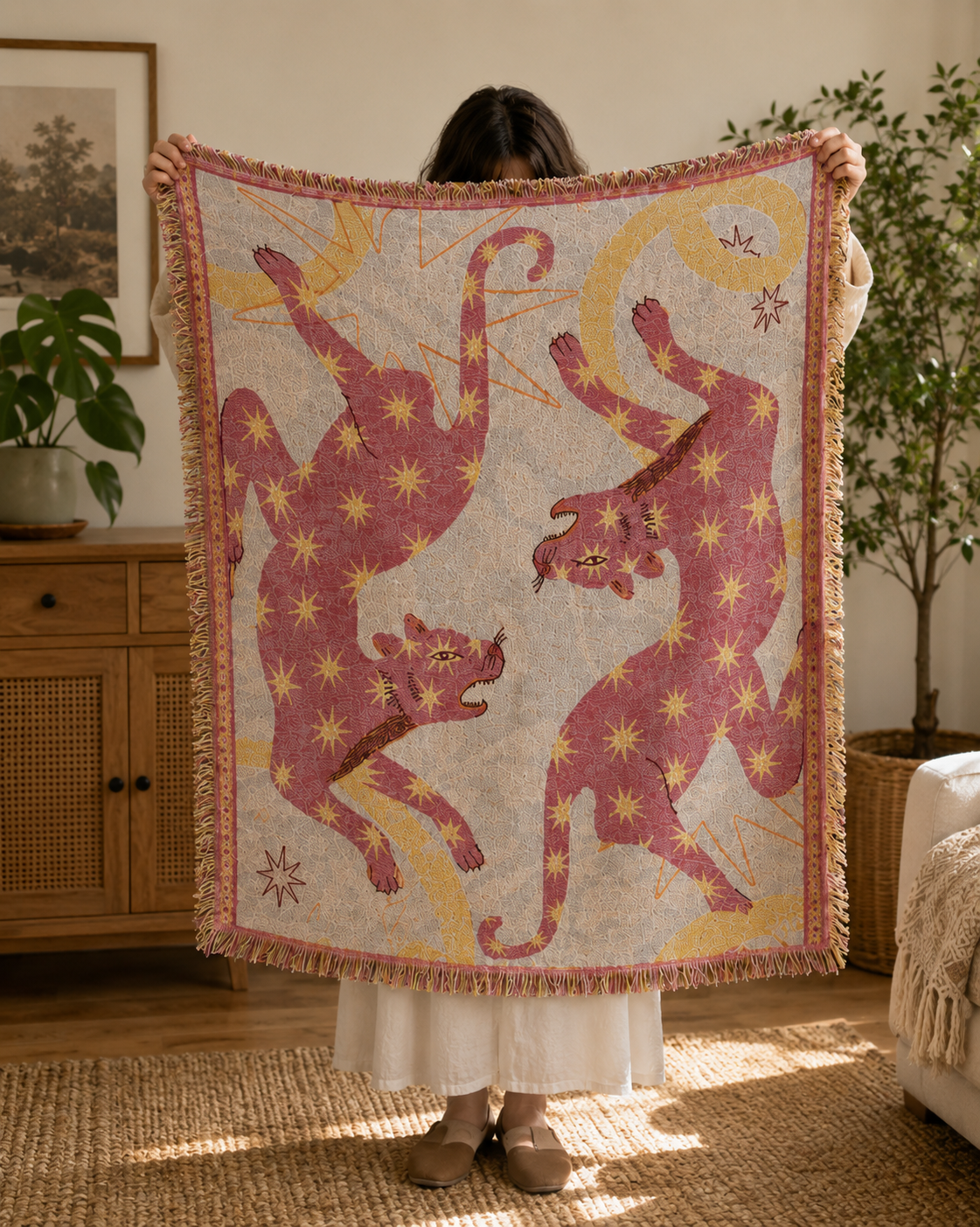 Celestial Leopard Woven Tapestry Throw Blanket – Pink Star Sofa Throw & Wall Hanging