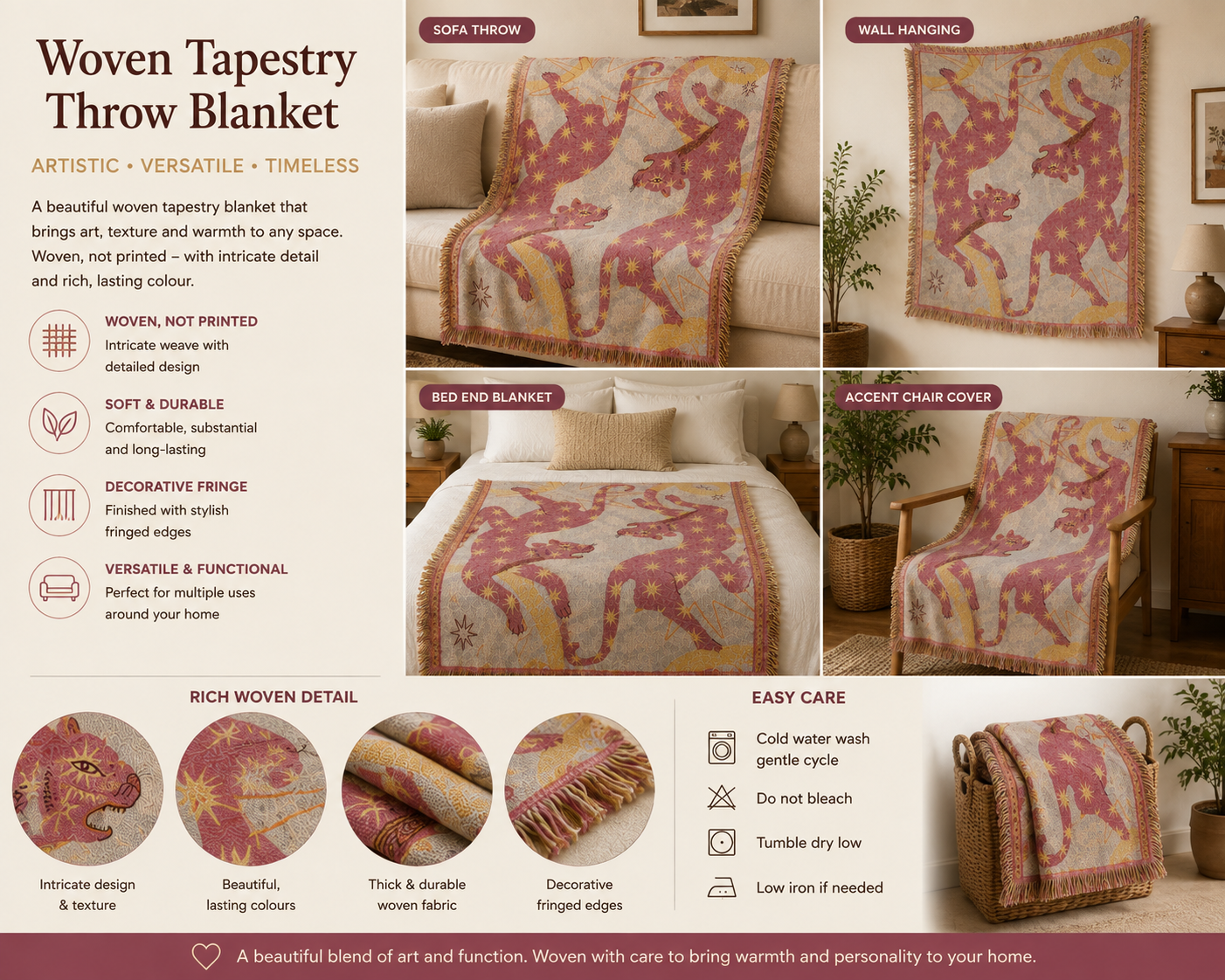 Celestial Leopard Woven Tapestry Throw Blanket – Pink Star Sofa Throw & Wall Hanging
