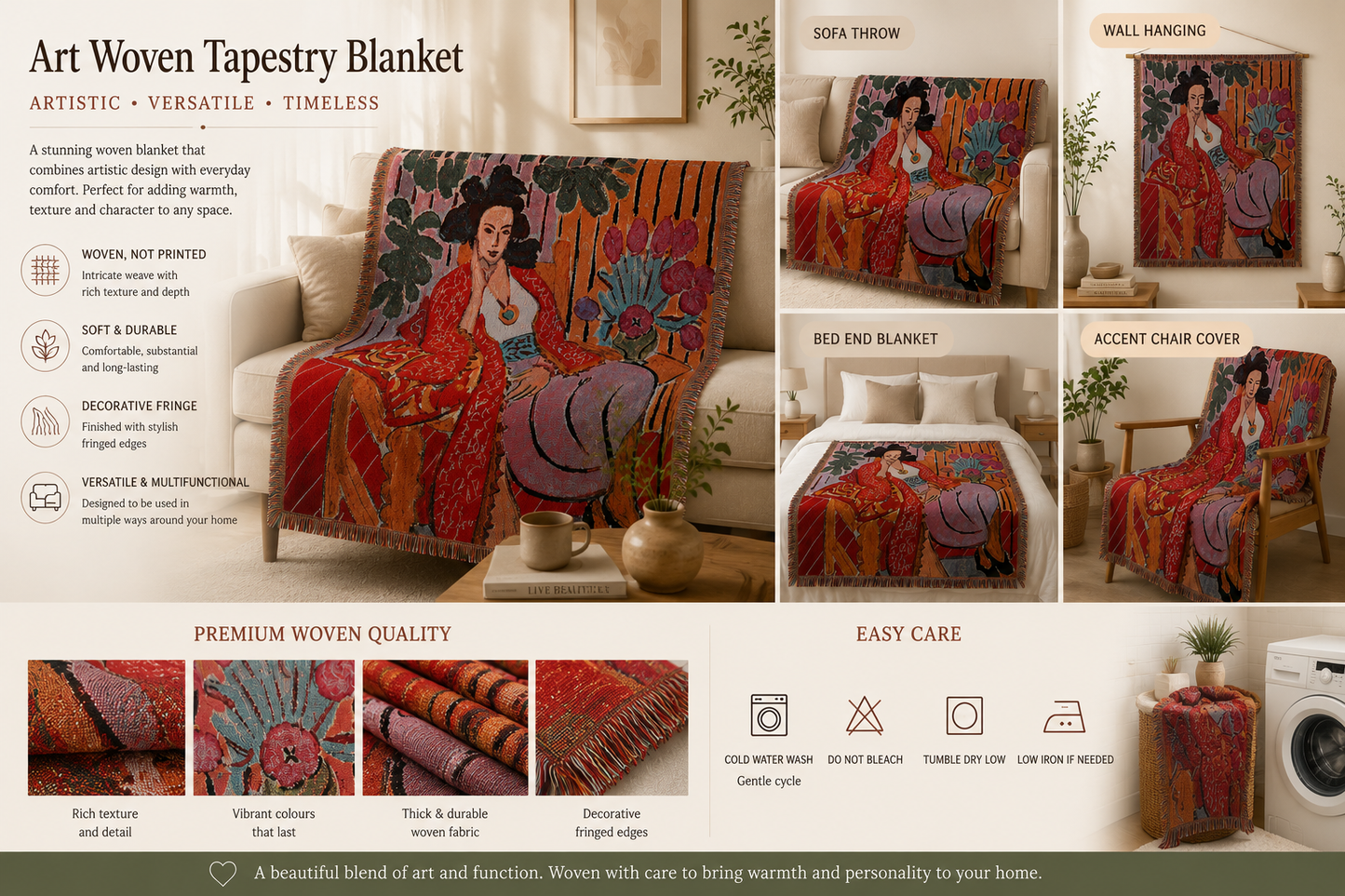 Art Inspired Woven Tapestry Throw Blanket – Sofa Throw & Wall Hanging
