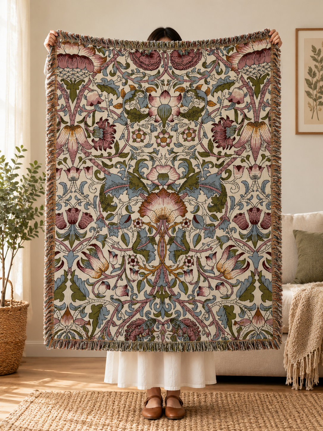 Floral Woven Tapestry Throw Blanket – Botanical Sofa Throw & Wall Hanging